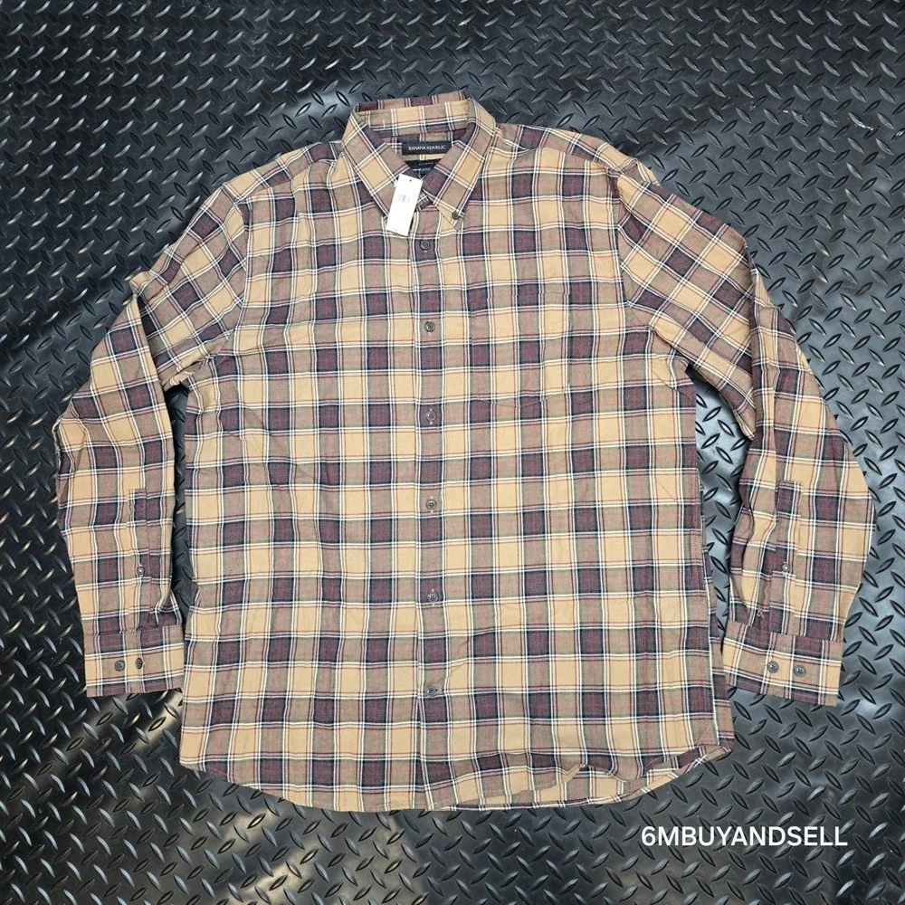 Banana Republic Mens L Plaid Flannel‎ Shirt Tan Brown Red NWT Cotton